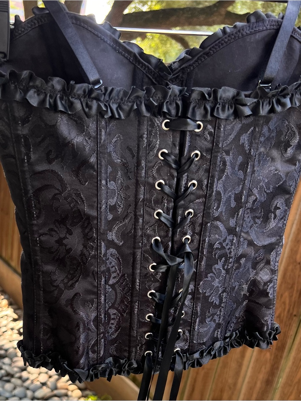 Gothic Black Brocade Corset XS Romantic Top Adjustable Lace Up Bustier Festival - Picture 5 of 16